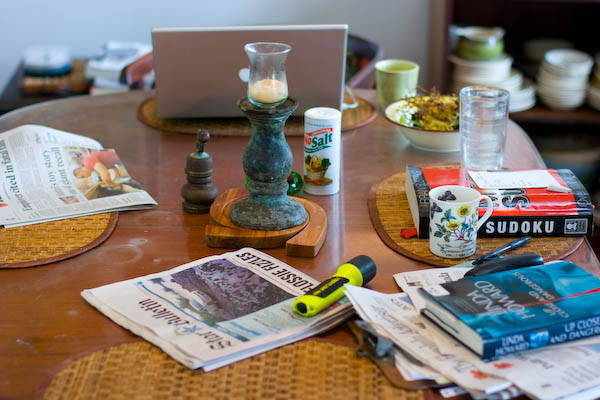 Back home, coffee and the stuff of morning.